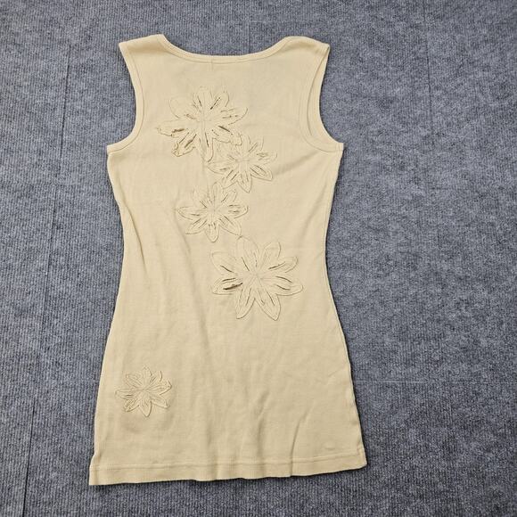 Y2K Princy Tank Top Womens Medium Beige Ribbed Longline Floral Embroidered Boho - Picture 1 of 6